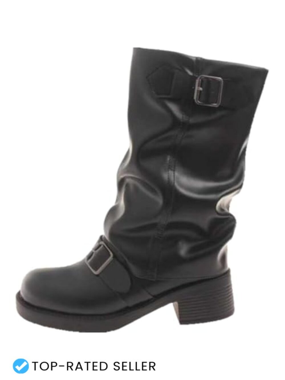 Womens Vintage Western High Heeled Pleated Mid Calf Boots